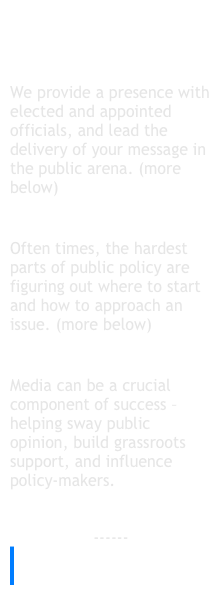 Lobbying/Education/Advocacy/Government Affairs
We provide a presence with elected and appointed officials, and lead the delivery of your message in the public arena. (more below) 

Strategic Counsel
Often times, the hardest parts of public policy are figuring out where to start and how to approach an issue. (more below)  

Media Relations
Media can be a crucial component of success – helping sway public opinion, build grassroots support, and influence policy-makers. 


------
Click here for a synopsis of NonProfit Lobbying Rules